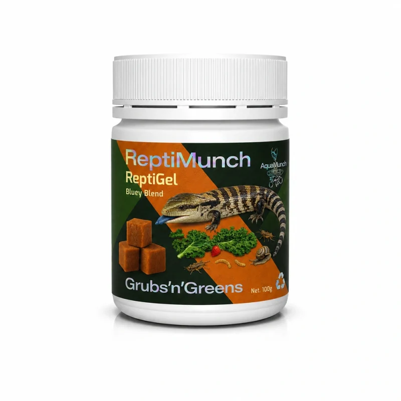AquaMunch ReptiGel Grubs'n'Greens Bluey Blend 100g "Makes 500g" packaging
