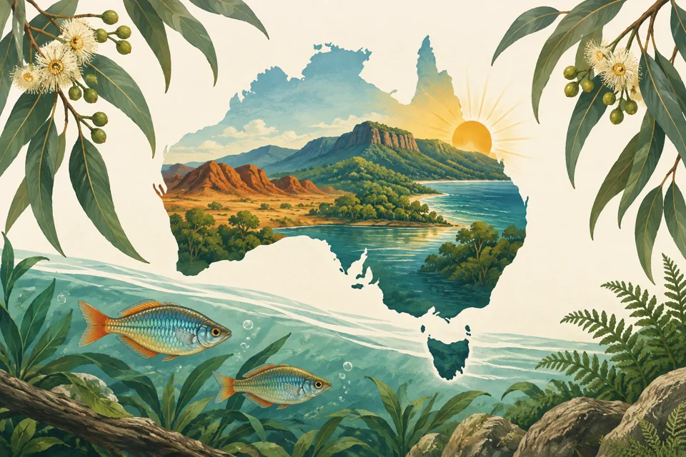 Illustrated map of Australia with eucalyptus, freshwater fish and Queensland sunshine