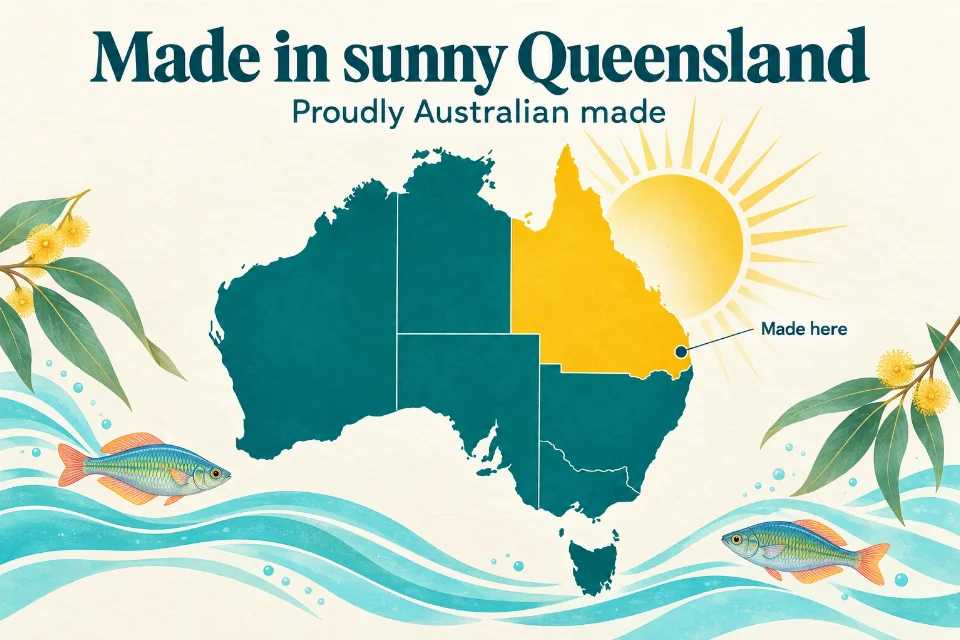 Illustrated map of Australia highlighting sunny Queensland, where AquaMunch is made